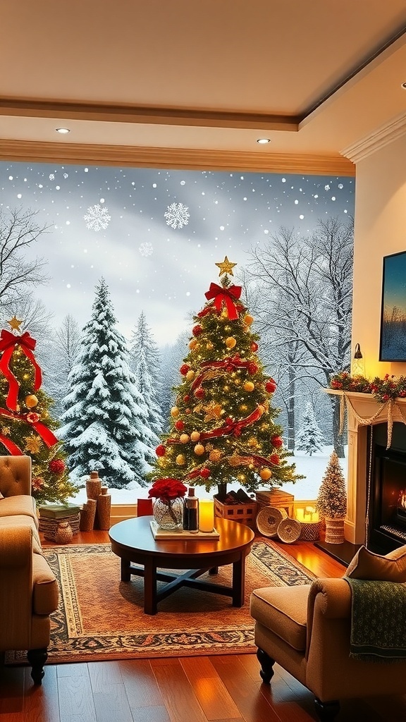 Living room with 3D Christmas wallpaper of snowy landscape, decorated tree, and holiday decor.